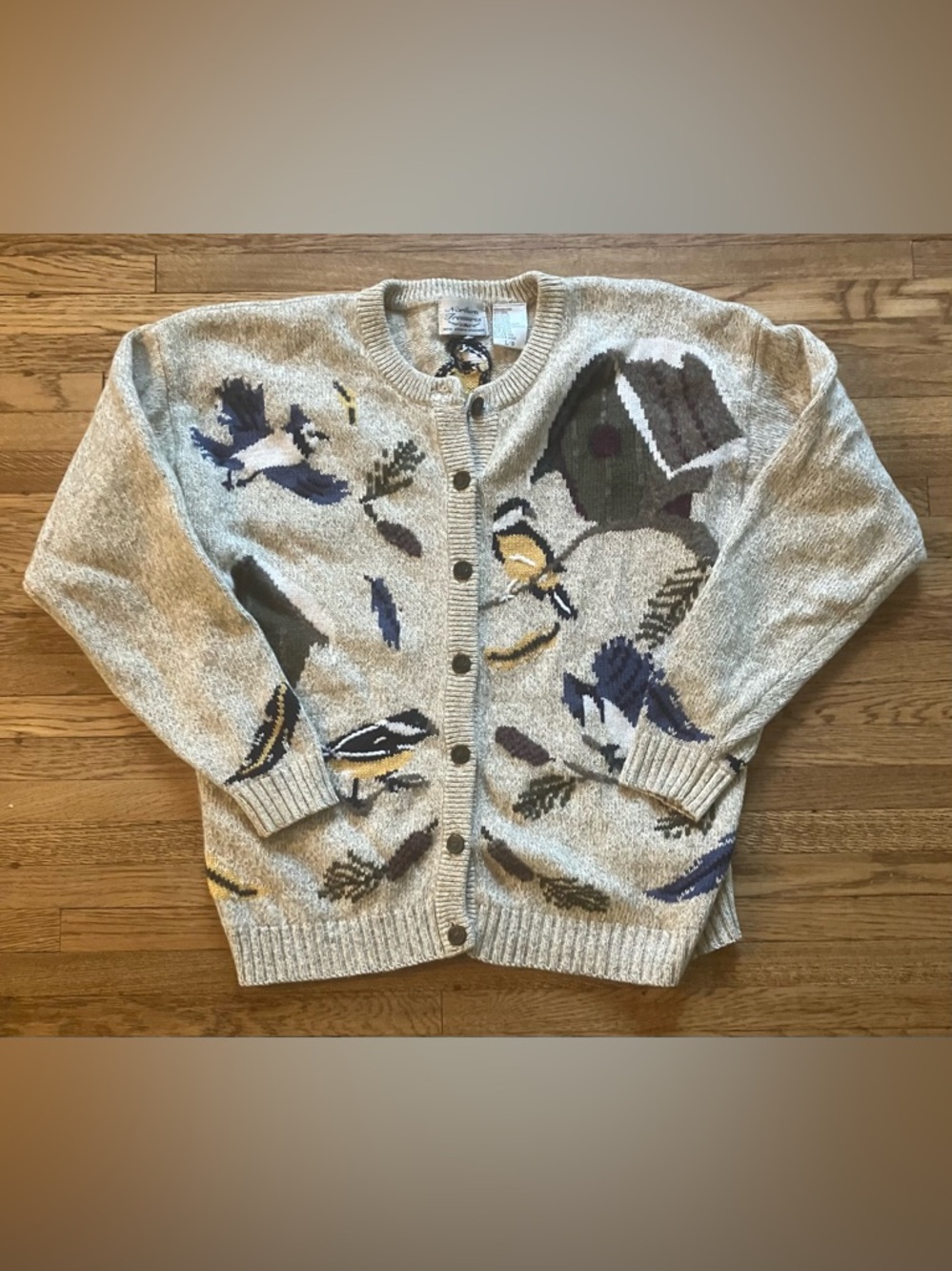 Northern Treasures Reflections Vintage Wool Blend Cardigan Birds Birdhouse L